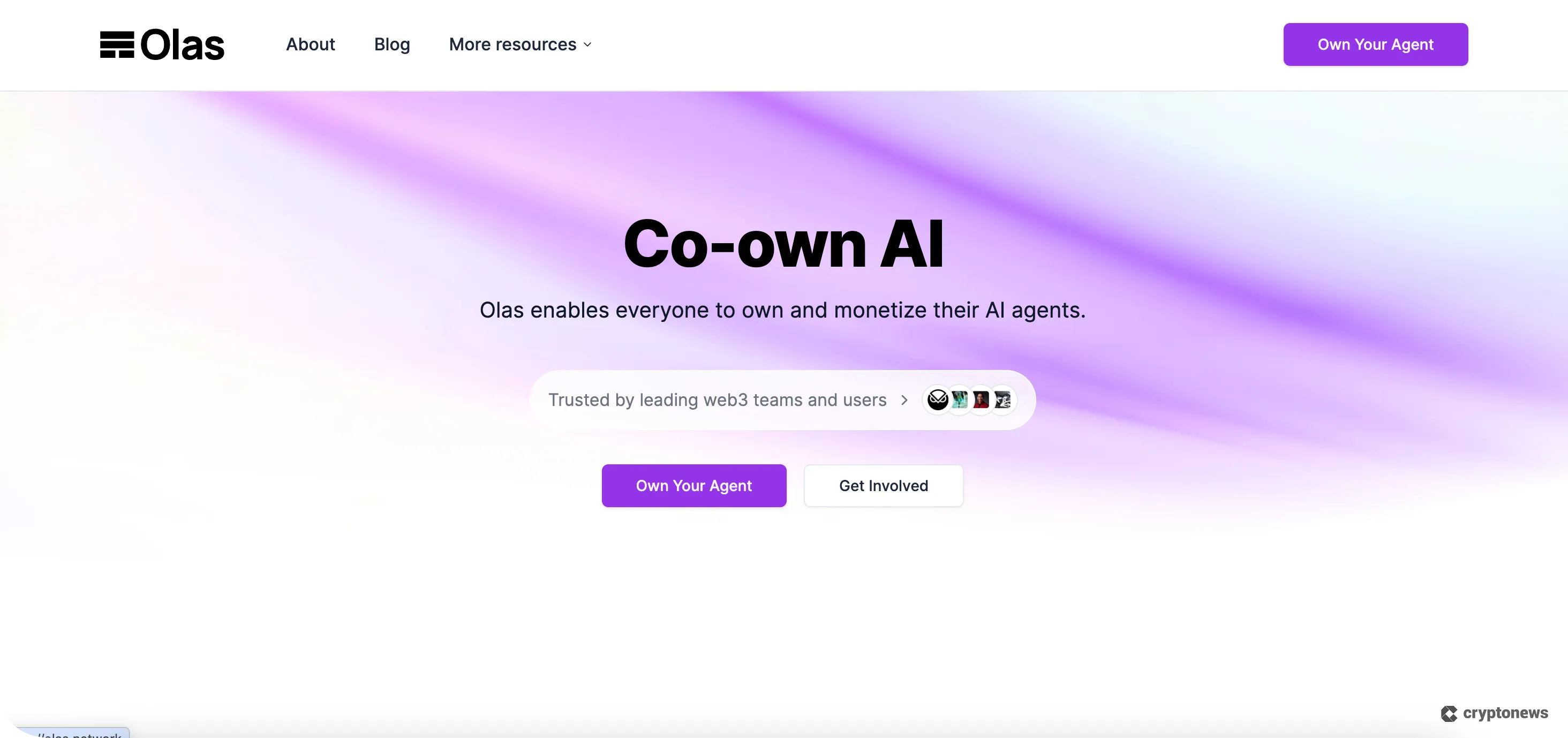 Olas homepage promoting co-owned AI agents with call-to-action buttons