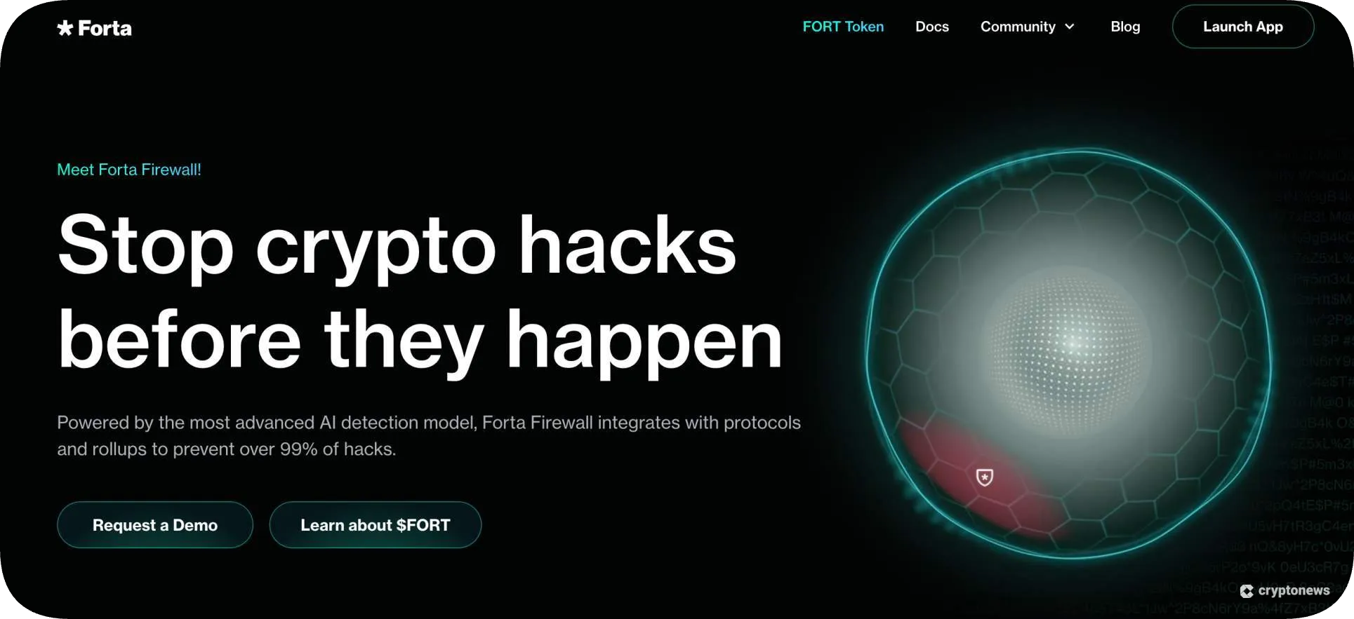 Forta homepage advertising AI firewall to stop crypto hacks before happening