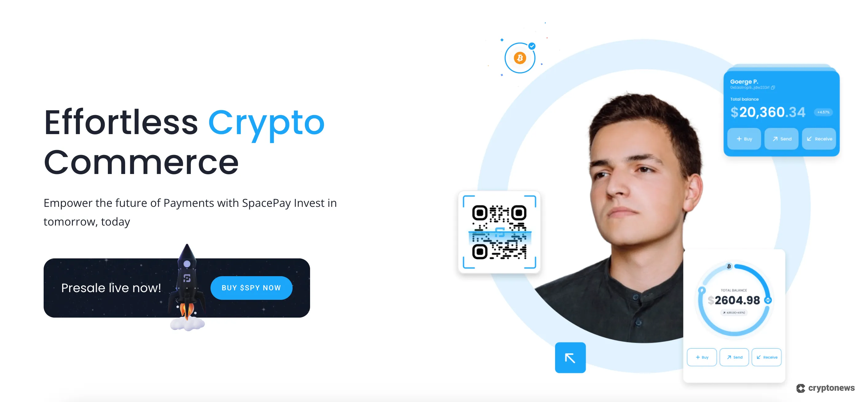 SpacePay landing page showing man, balance cards, and presale button