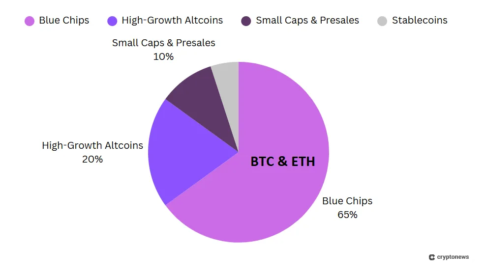 a pie chart representing a crypto portfolio that holds blue chips, high growth altcoins, small caps and presales, and stablecoins