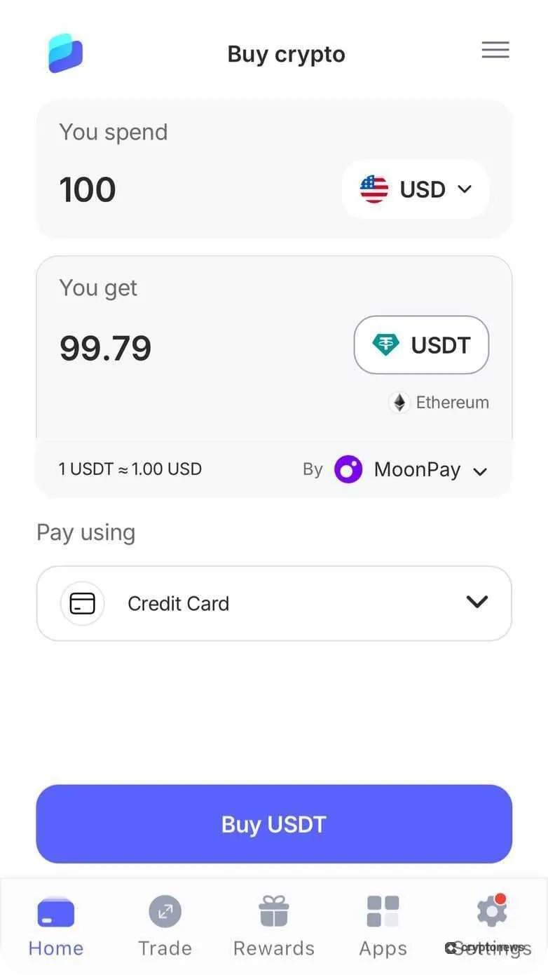 Best Wallet Android app screen buying 99.79 USDT with credit card