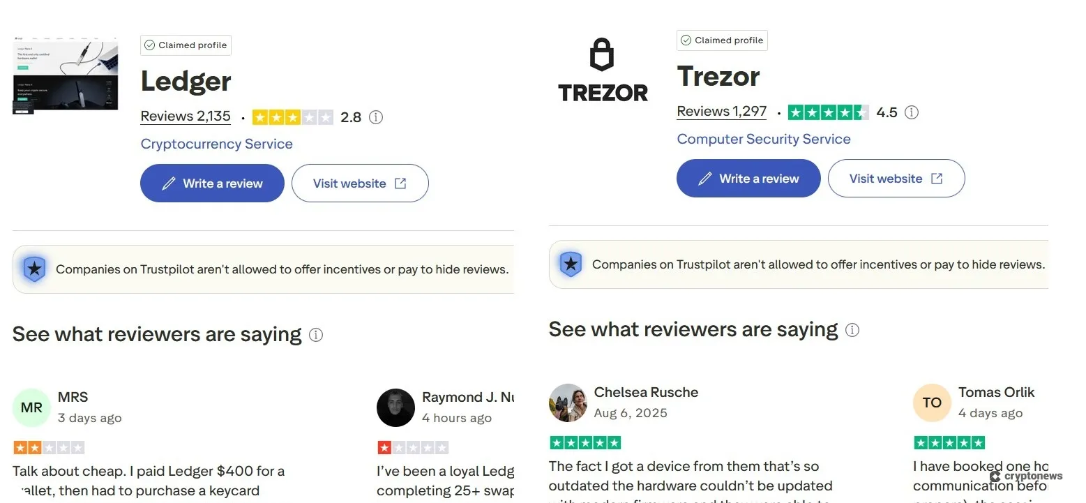 user reviews of ledger and trezor