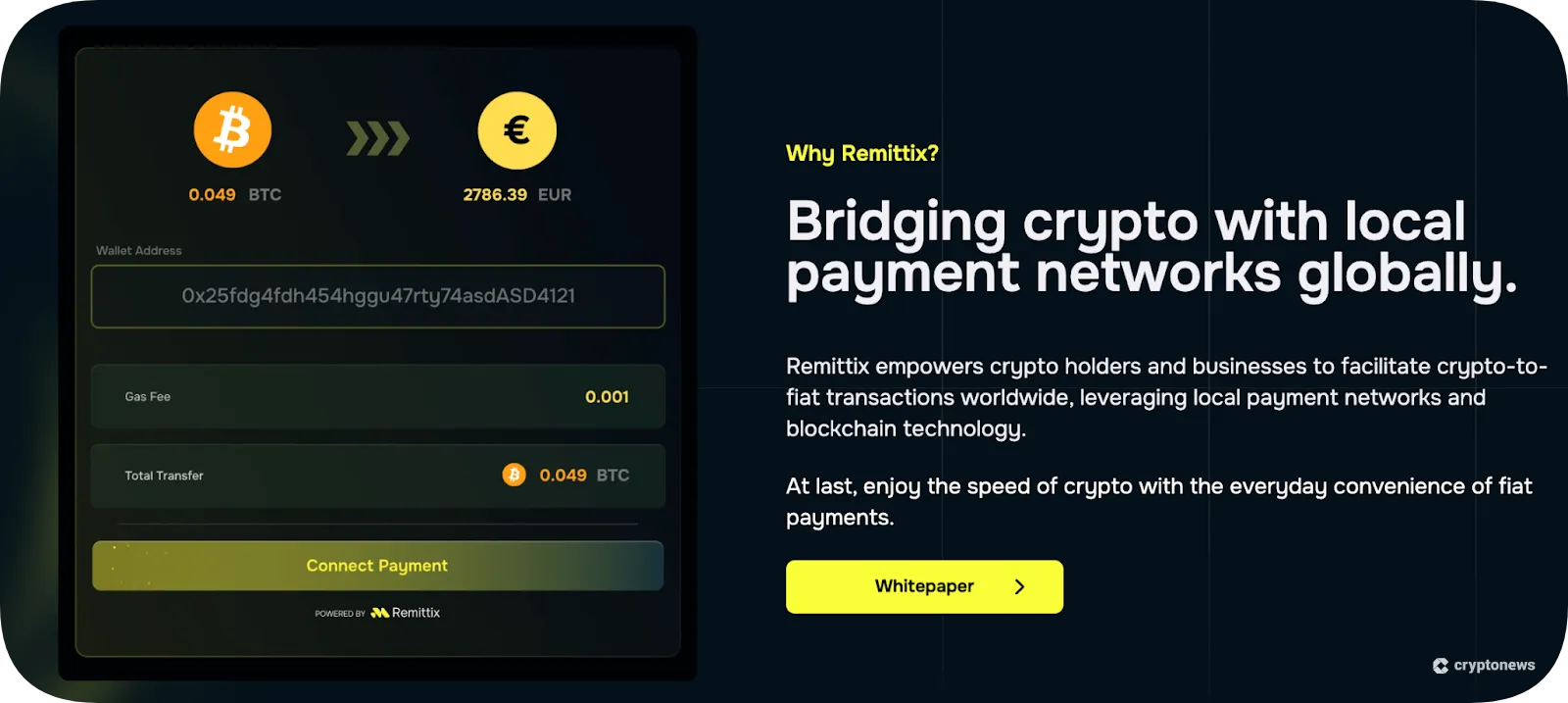 Remittix platform interface illustrating BTC-to-EUR conversion and global crypto-to-fiat payment integration