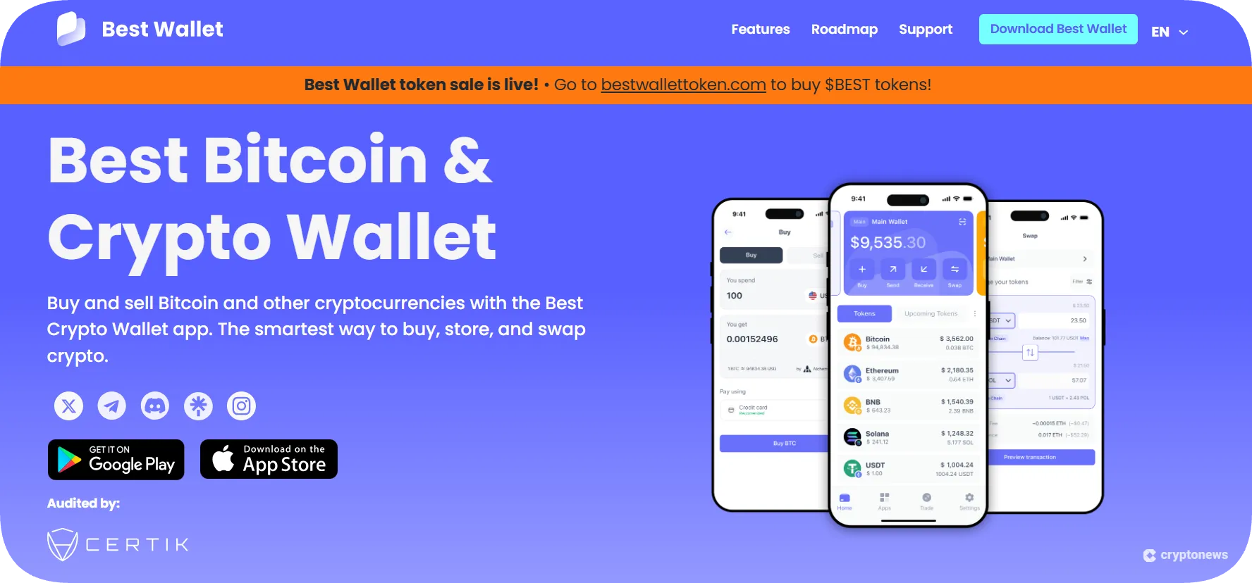 Best Wallet homepage showing crypto app interface and download options for users
