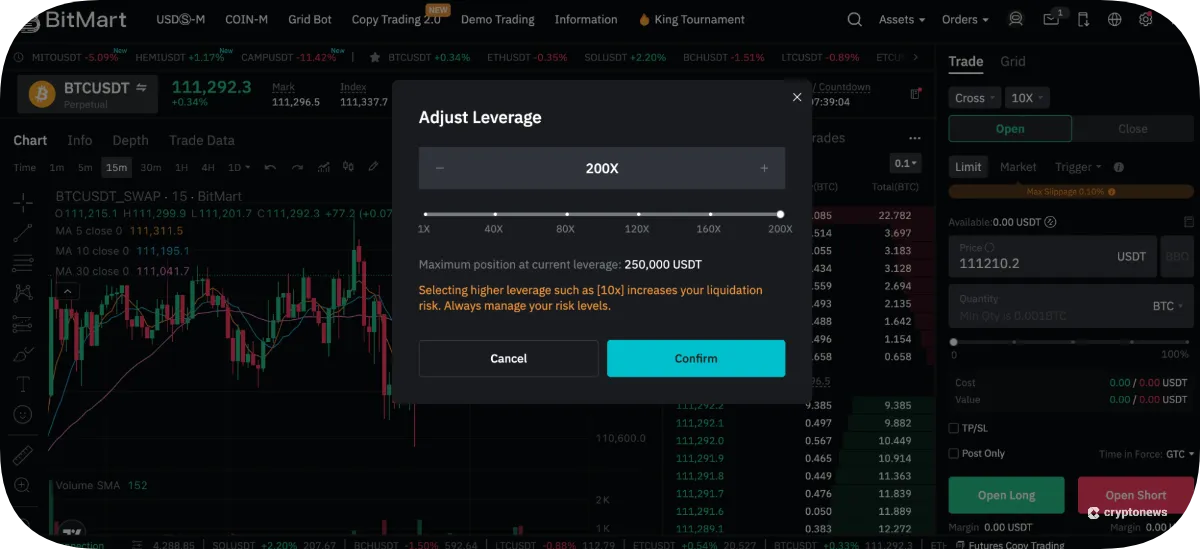 adjusting levarage on bitmart