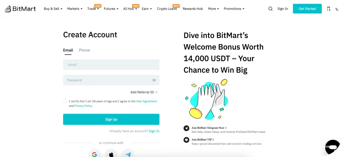 to Get Started With BitMart the first step is to open a bitmart account