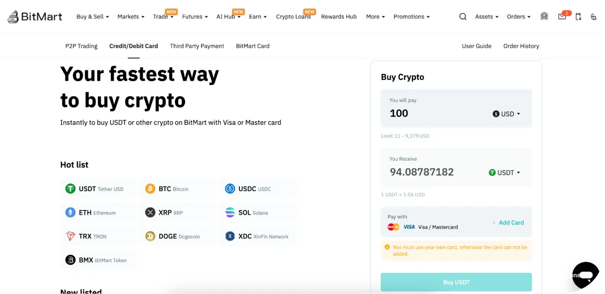 instant purchases on bitmart