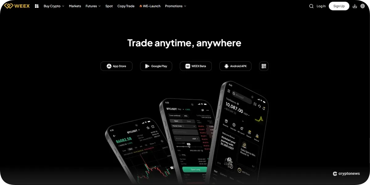 WEEEX mobile trading app promo: trade anytime, anywhere with download badges shown