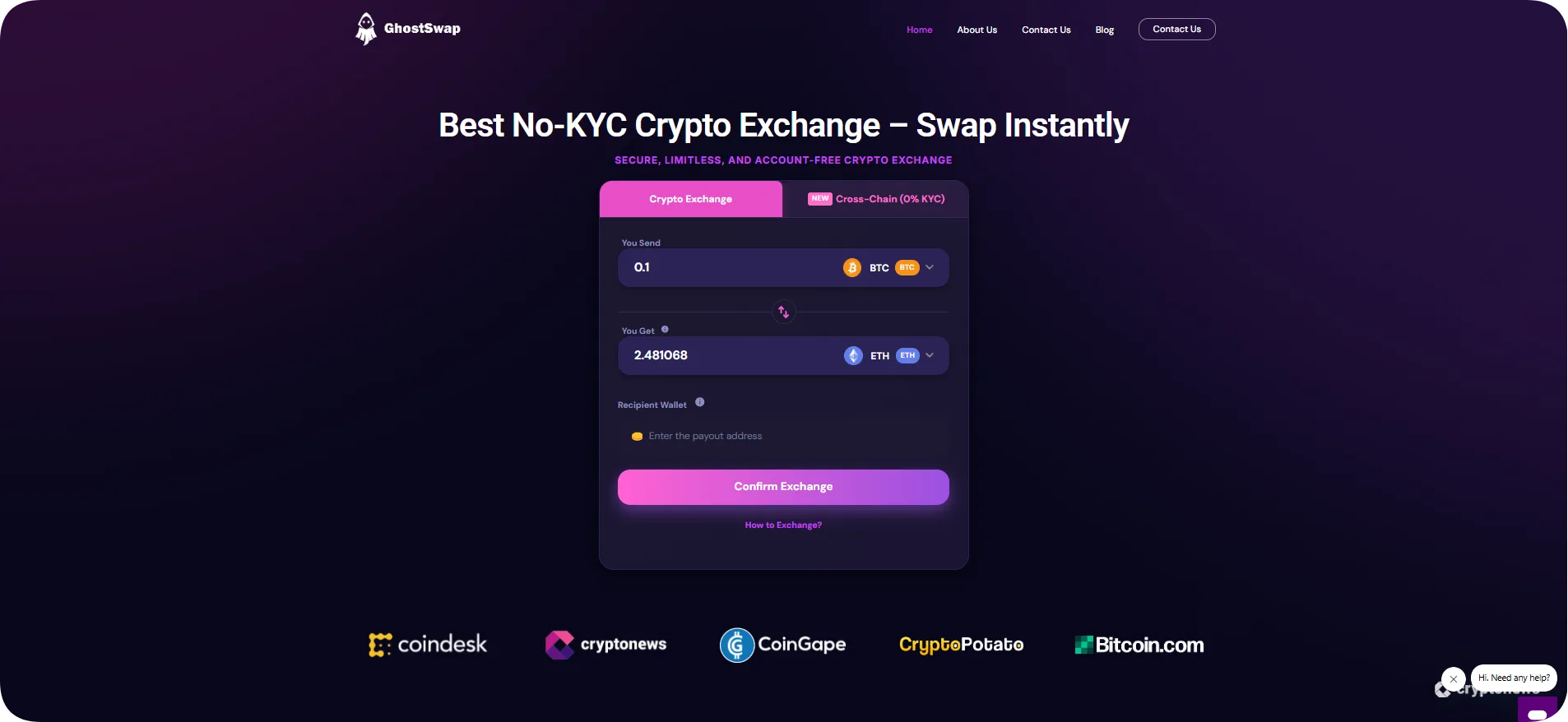 GhostSwap no-KYC crypto exchange homepage screenshot showcasing instant cross-chain swaps interface features