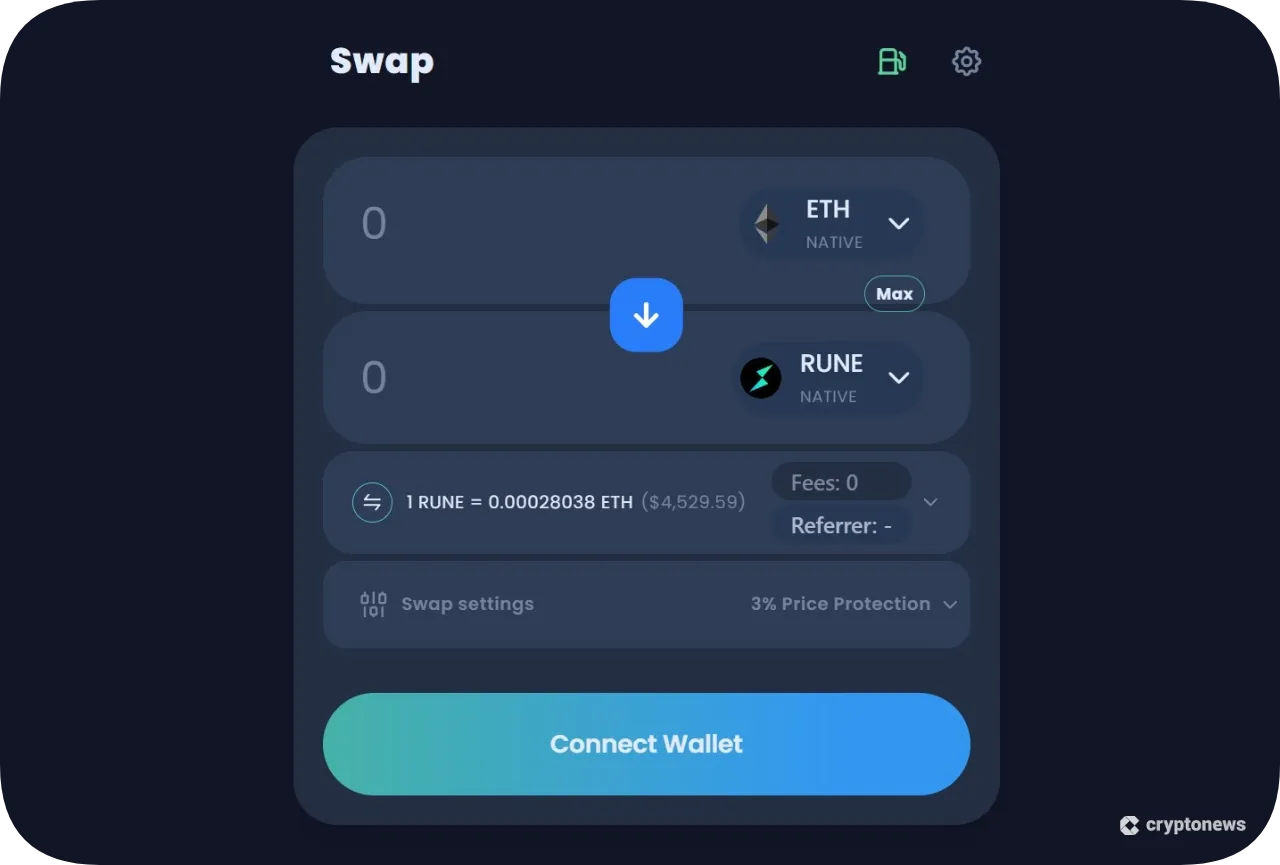 visit THORSwap and connect your wallet to buy RUNE