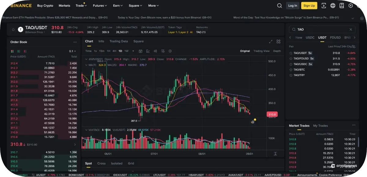 Find the TAO/USDT or TAO/BTC pair 