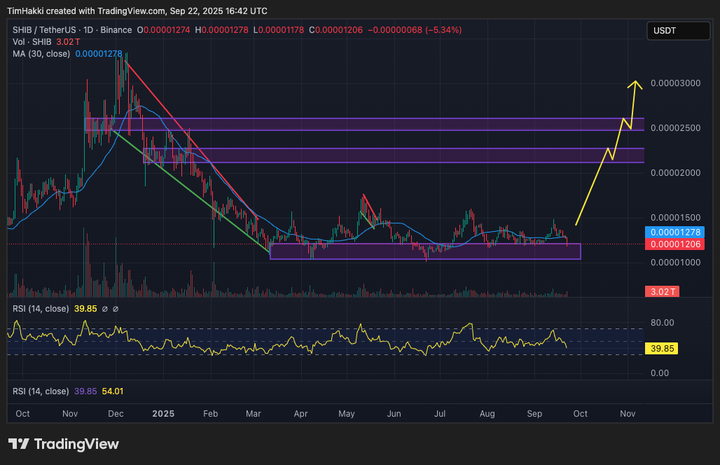 Secara teknikal, SHIB berhasil keluar dari pola falling wedge dan bull flag pada tahun ini. Jika harga mampu menembus $0.000025 (Rp0,412) pada November, hal ini bisa mengonfirmasi target bullish dasar ChatGPT di kisaran $0.00003–$0.00005 (Rp0,495–Rp0,825) pada akhir tahun. Dalam skenario bull run besar, ChatGPT memperkirakan SHIB dapat melonjak hingga $0.0002 (Rp3,31), atau hampir 17 kali lipat dari harga saat ini.