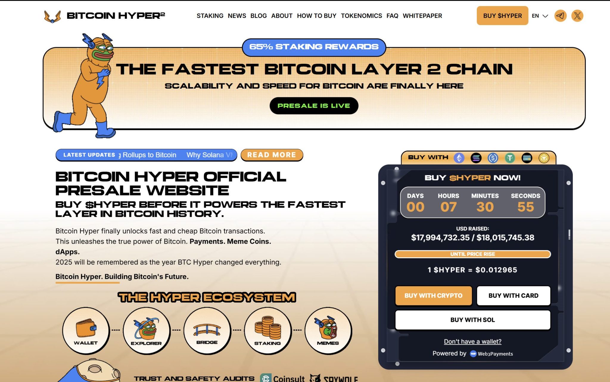 Bitcoin Hyper ($HYPER) memperkenalkan dirinya sebagai Layer 2 pertama berbasis Bitcoin yang ditenagai oleh Solana Virtual Machine (SVM). Tujuan utama proyek ini adalah memperluas ekosistem BTC dengan menghadirkan smart contract berkecepatan tinggi, biaya rendah, aplikasi terdesentralisasi, hingga penciptaan meme coin.