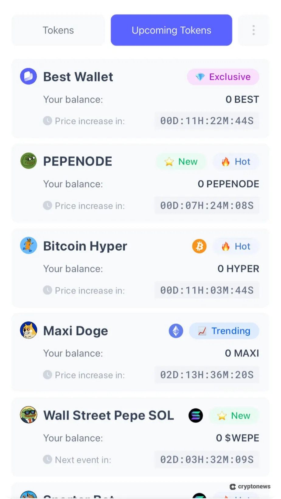 베스트 월렛 신규 토큰 화면