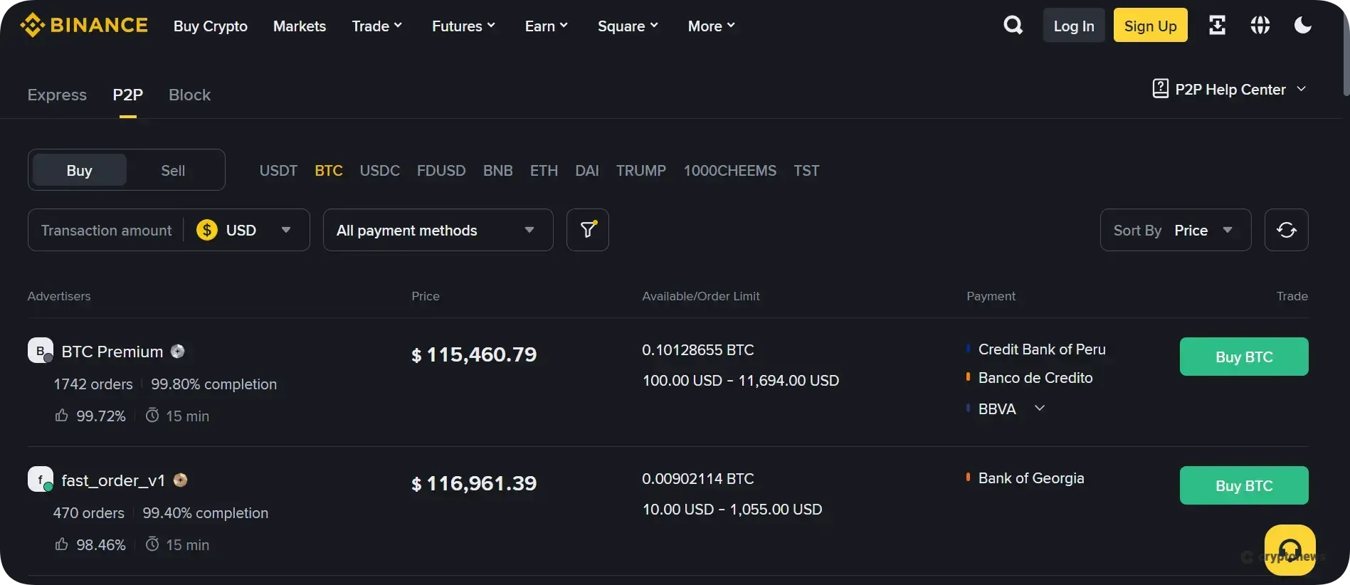 binance buy bitcoin p2p