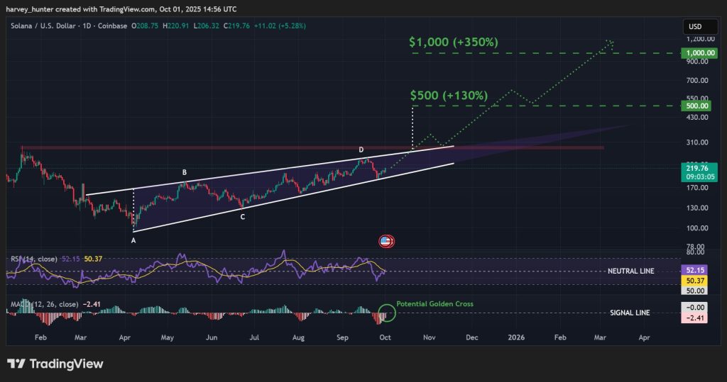 SOL / USD 1-day chart, rising wedge pattern. Source: TradingView.