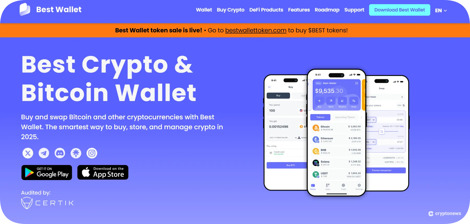 Best Wallet crypto app homepage with phones, CertiK-audited features displayed