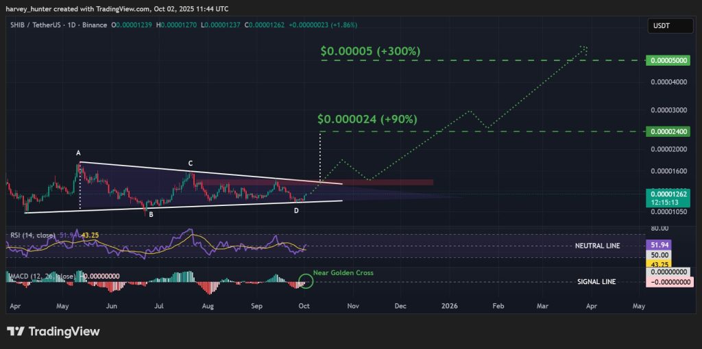 SHIB / USDT 1-day chart, symmetrical triangle sets focus on breakout move. Source: TradingView.