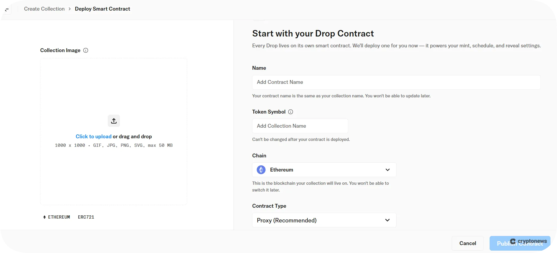 How to build your NFT on OpenSea Studio by inserting an image and choosing a name, symbol, and the underlying chain