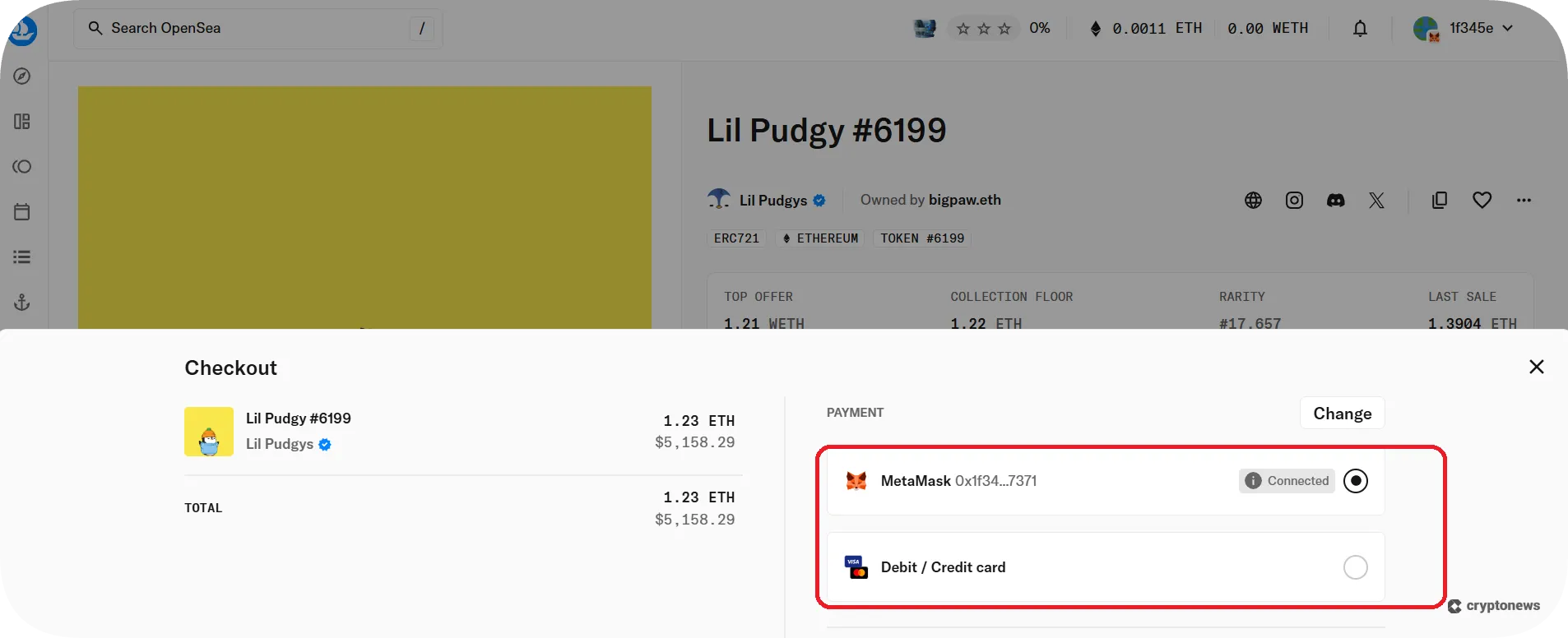 How to pay for your selected NFT on OpenSea after you load your wallet with a cryptocurrency like ETH