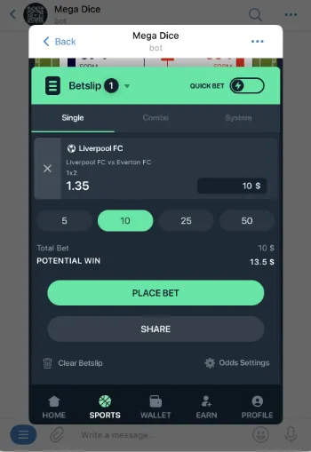 mega dice telegram sports betting bot - placing a bet