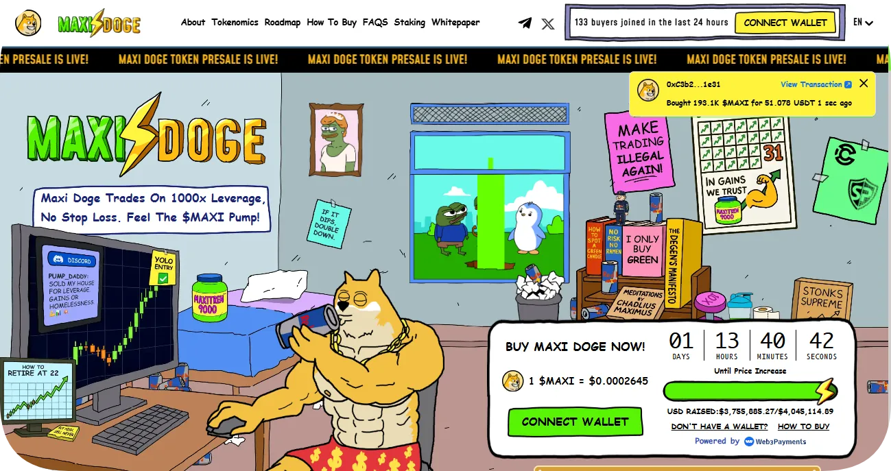 Maxi Doge presale homepage featuring meme-style artwork and live token sale progress