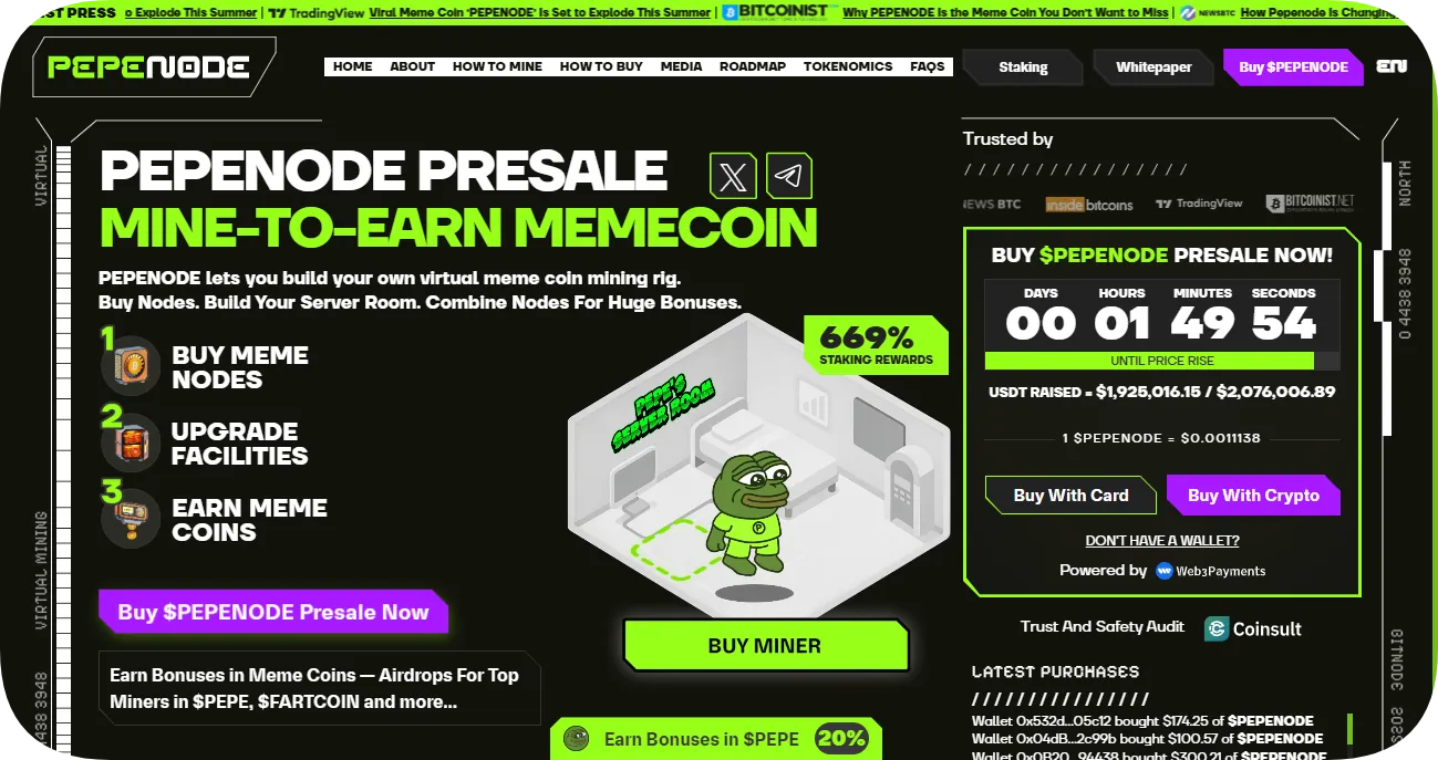 PEPENODE presale homepage promoting mine-to-earn meme coin with staking rewards and live sales