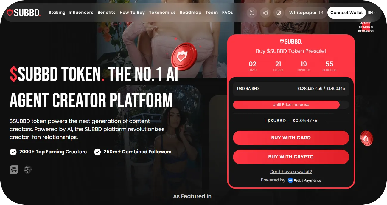 SUBBD token presale homepage promoting AI-powered creator platform and live fundraising details