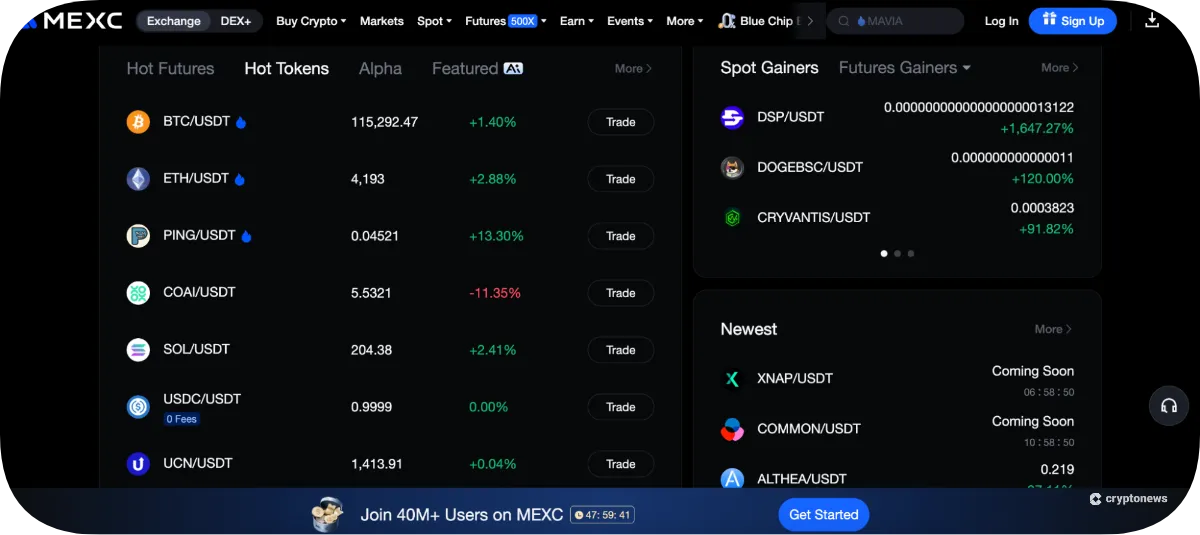 낮은 수수료를 자랑하는 MEXC 홈페이지