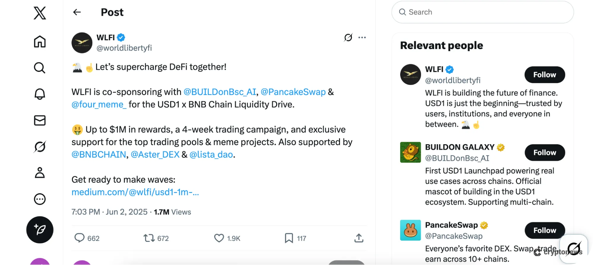 월드리버티파이낸셜(WLFI) 트윗