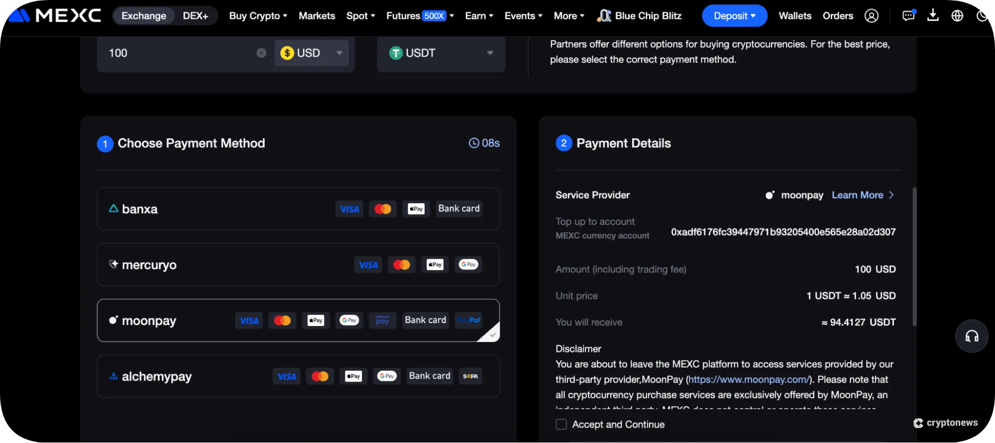 MEXC Choose Payment Method