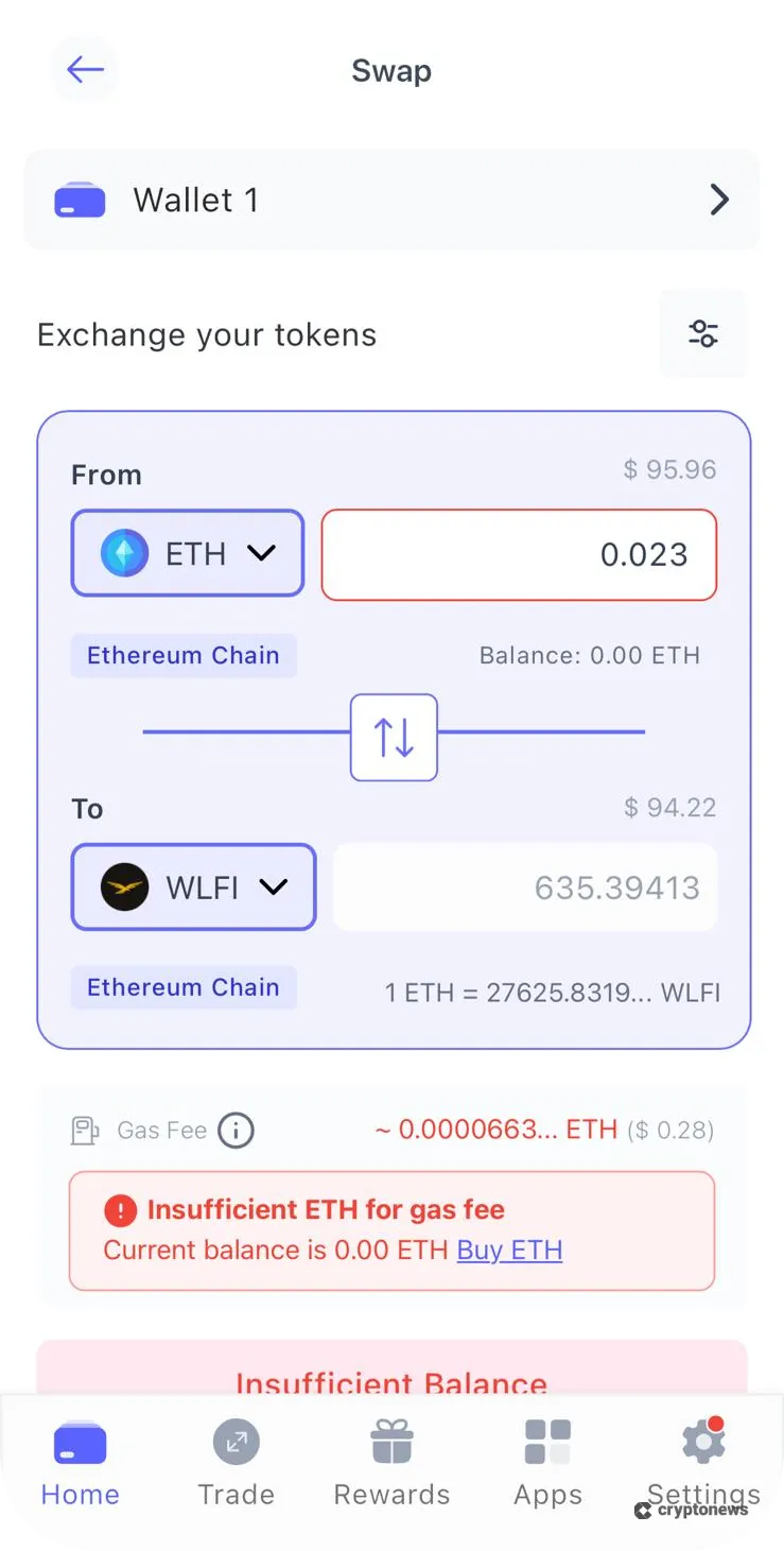 ETH를 월드리버티파이낸셜(WLFI)로 교환
