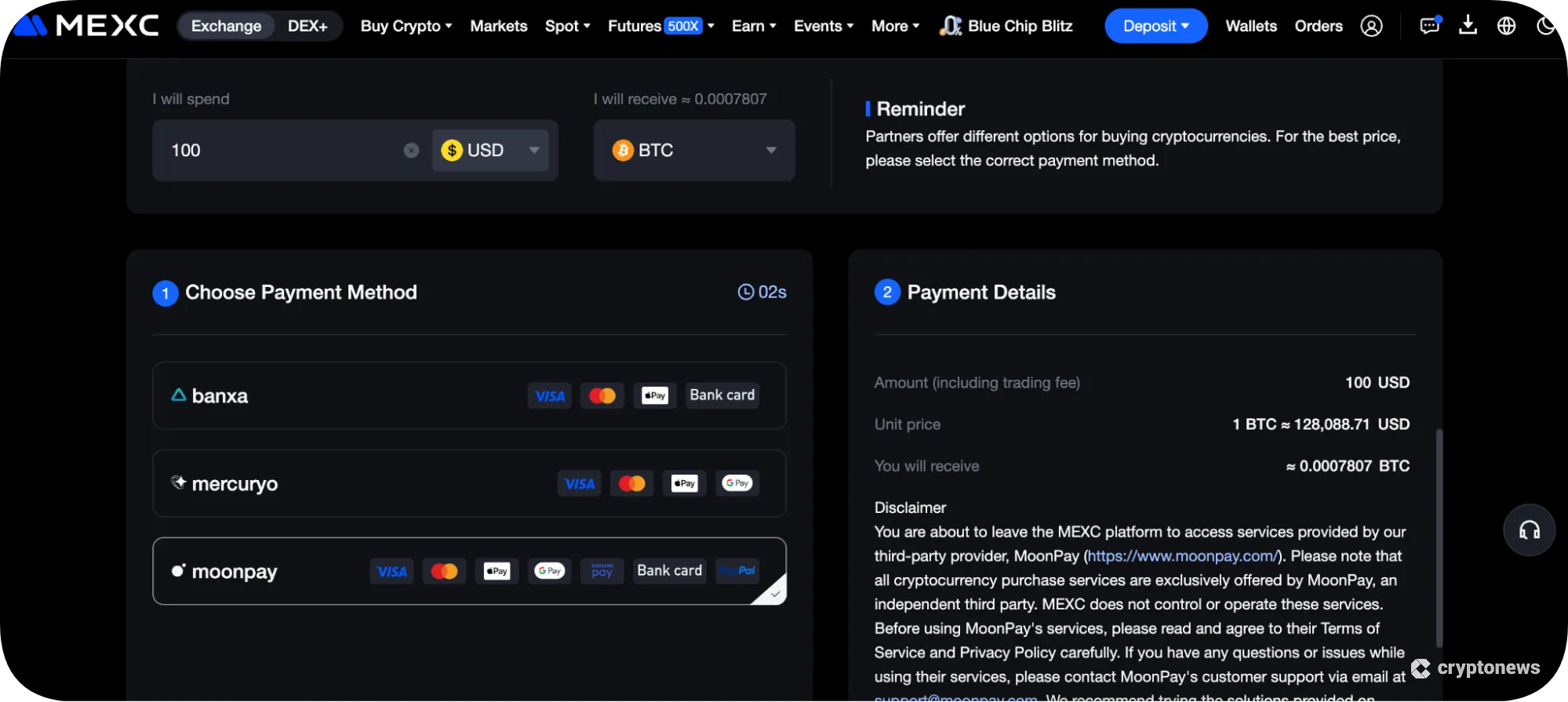 Choose How to Pay on MEXC