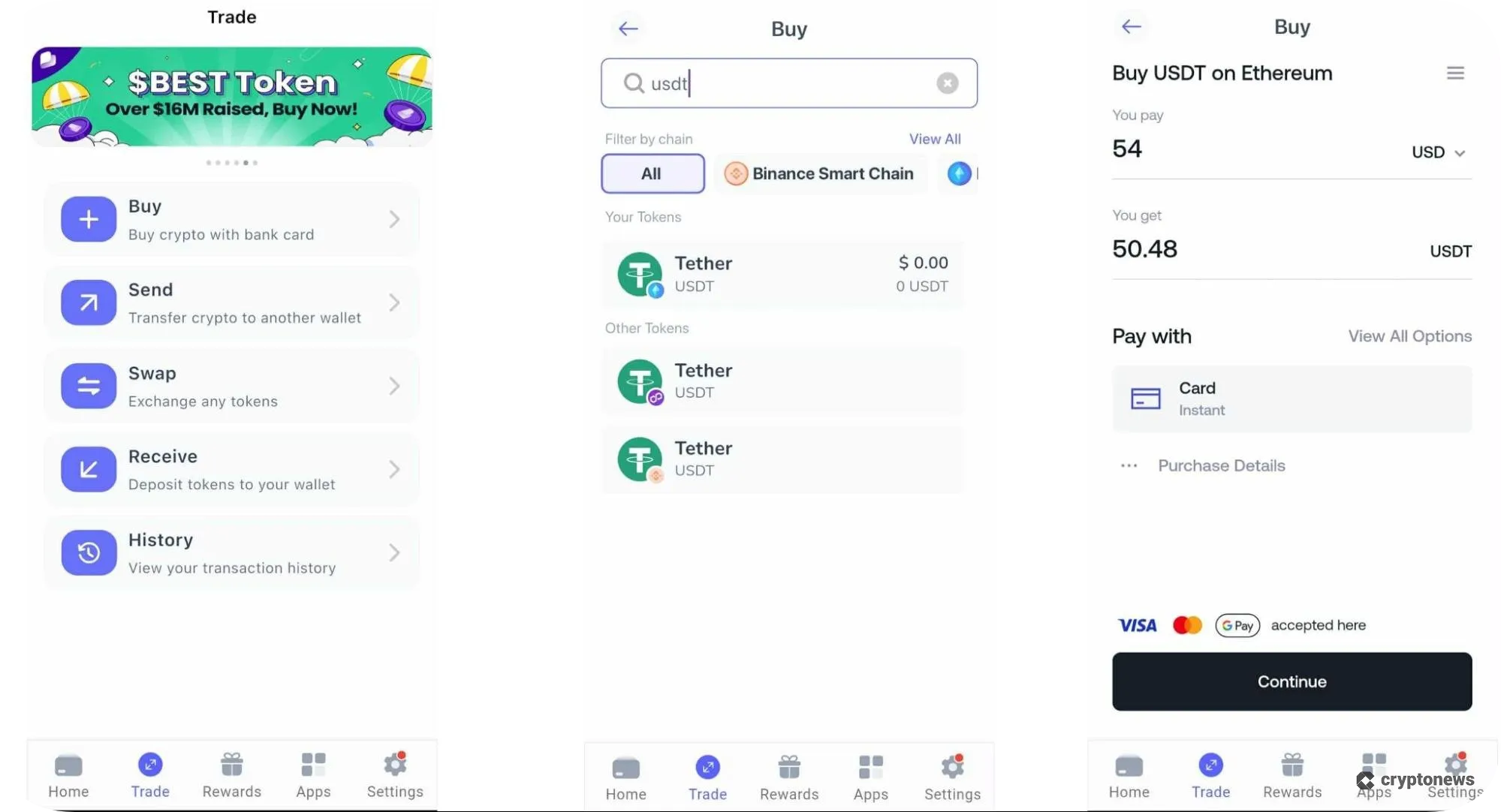 Best Wallet trading interface showing crypto buying options, token search for USDT, and purchase process via bank card