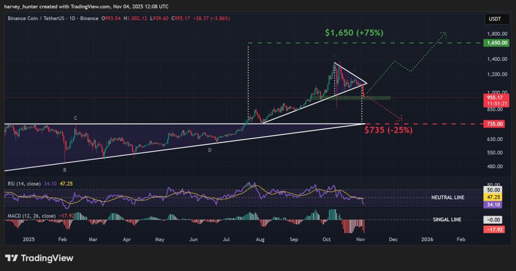 BNB / USDT 1-day chart, symmetrical triangle breakdown risk s ascending triangle breakout. Source: TradingView.