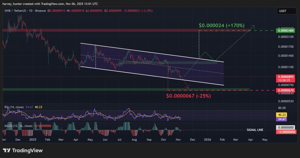SHIB / USDT 1-day chart, descending channel. Source: TradingView.