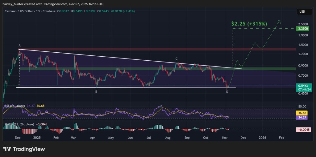 ADA / USD 1-day chart, descending triangle pattern. Source: TradingView.