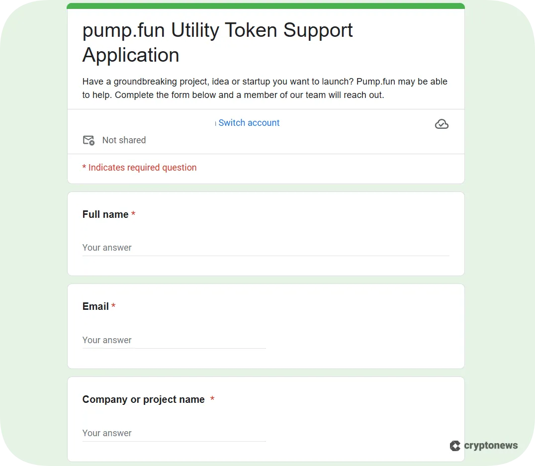 pump.fun application form for utility token support