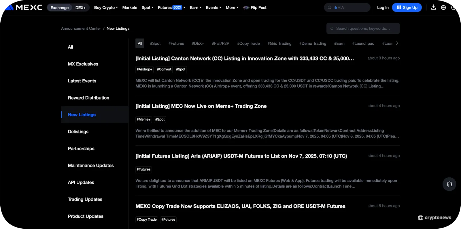 mexc official announcement new listing page