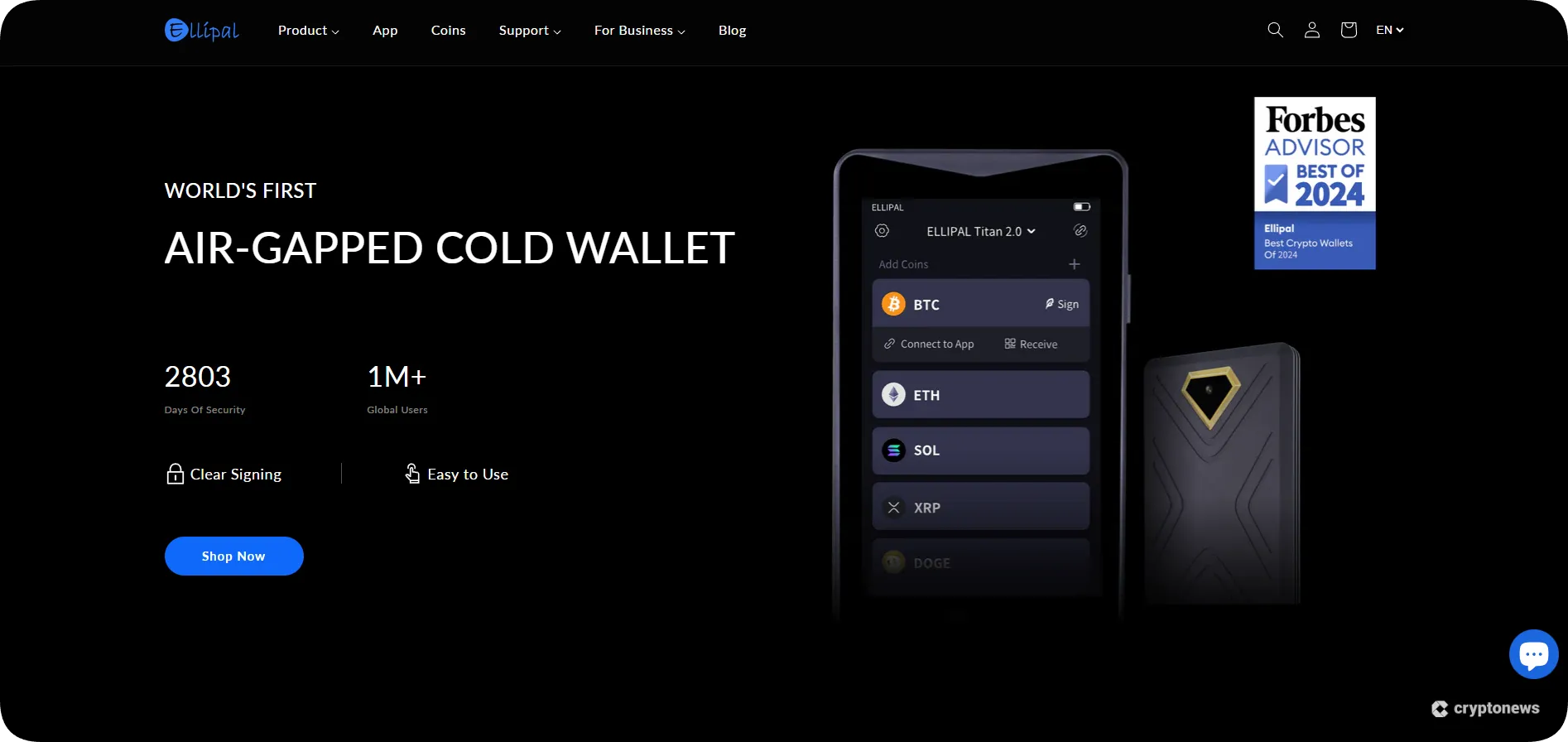 ELLIPAL Titan 2.0 Cold Wallet product page showing features, Forbes award badge, and $169 price