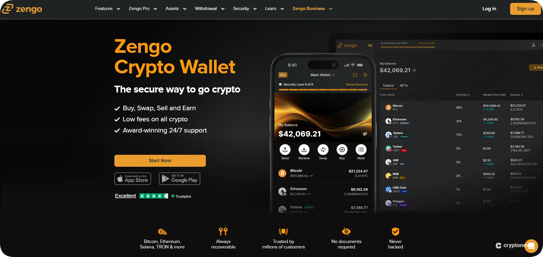 Zengo Wallet promotional image highlighting top-tier security, over 1.5 million users, and zero hacked wallets