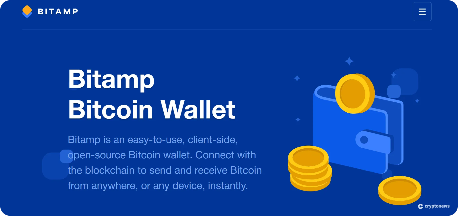 Bitamp Bitcoin Wallet banner highlighting its open-source, client-side design for instant BTC transactions