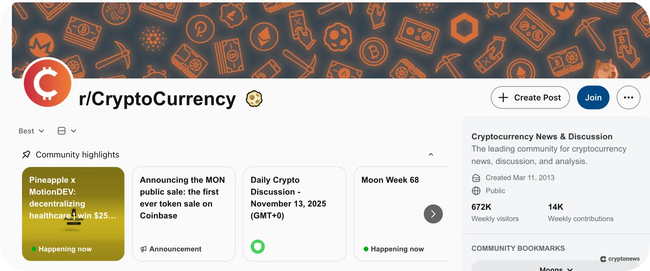 r/cryptocurrency on reddit, a subreddit for finding meme coins before they boom