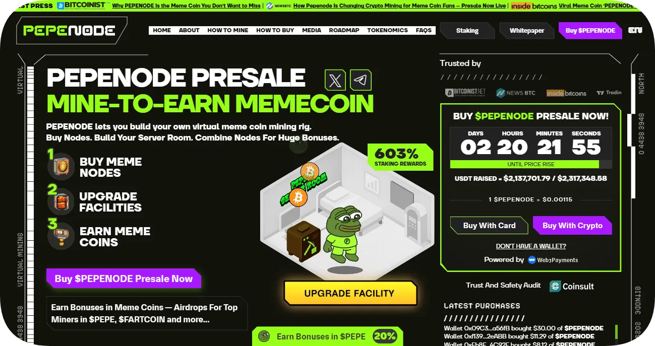 The official website of the PEPENODE presale.