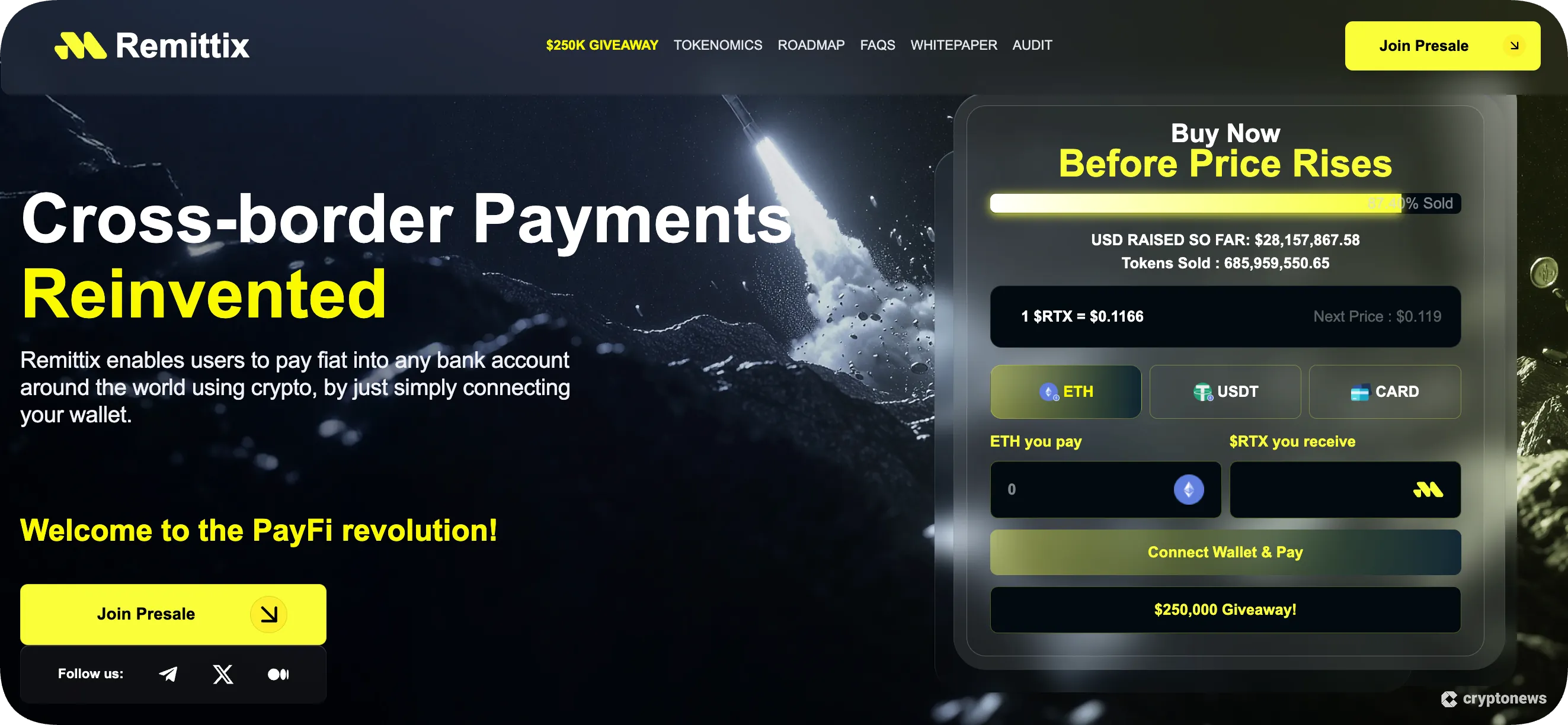Remittix presale page promoting cross-border crypto payments with PayFi integration and real-time fundraising tracker