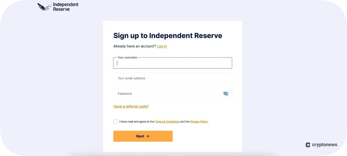 Independent Reserve sign up page