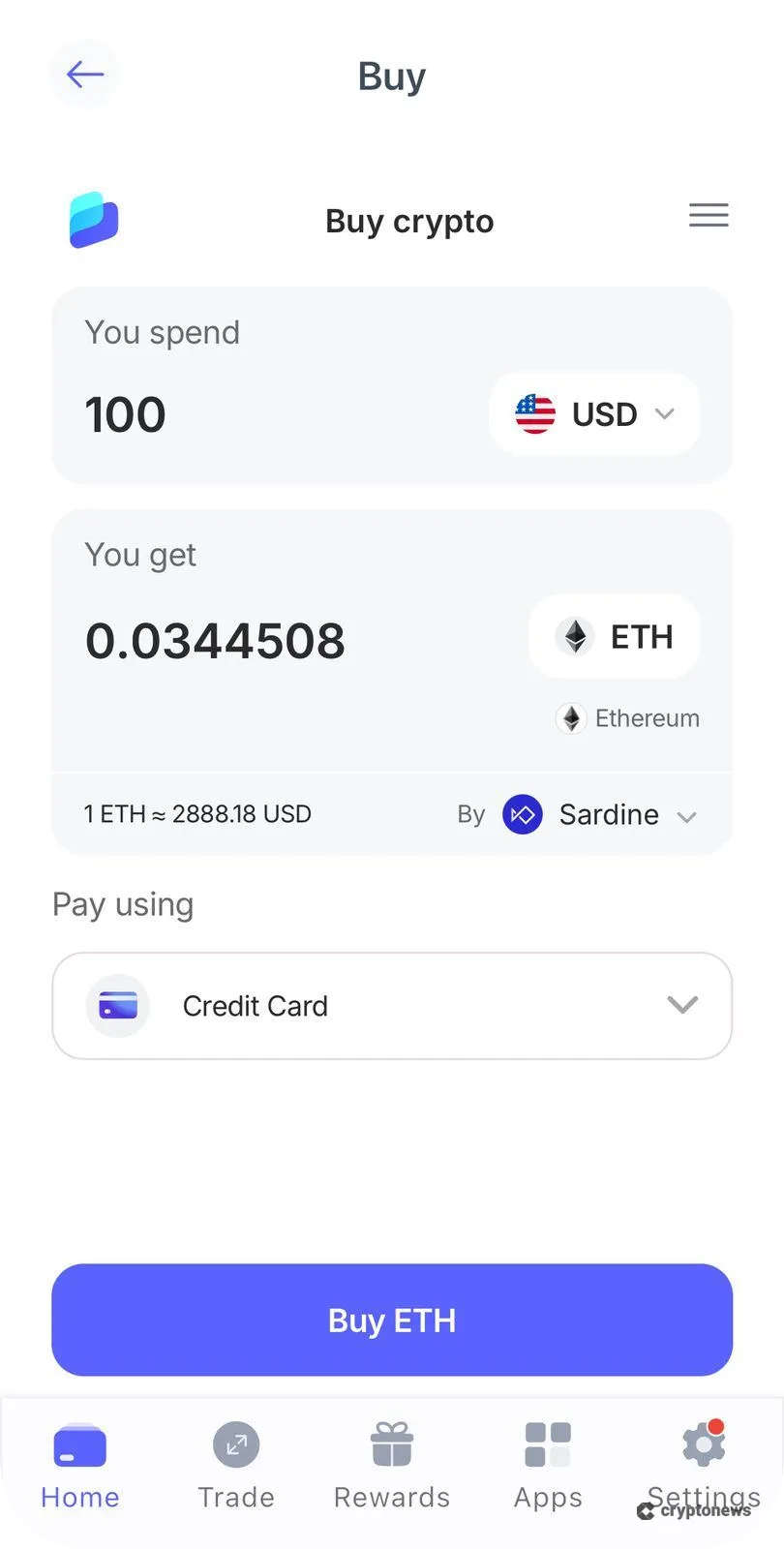 Buy crypto screen: spend USD, get USDT via MoonPay, card
