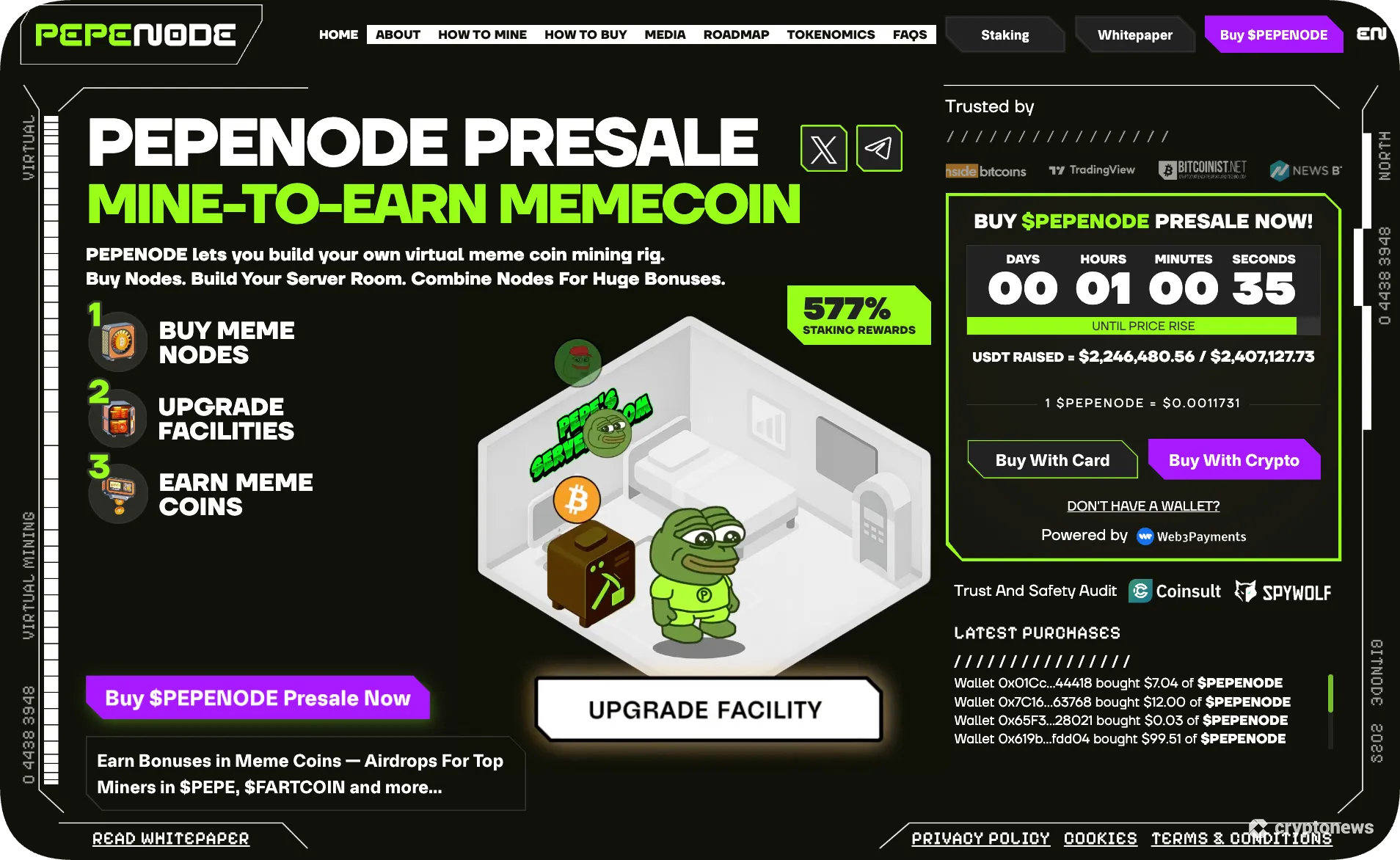 screenshot of pepenode top gaming meme coin