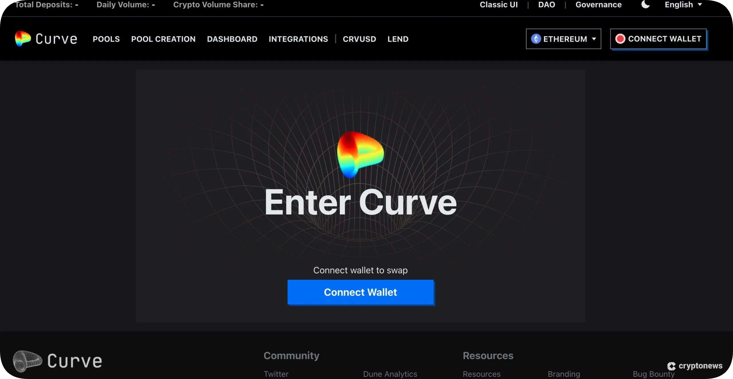 screenshot of the curve finance platform