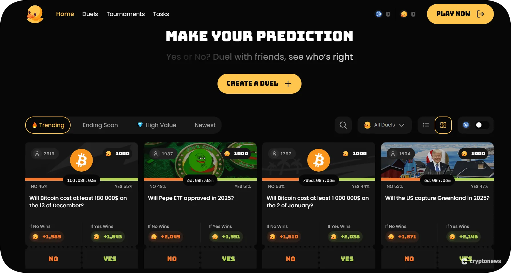 screenshot of the duel ducks homepage